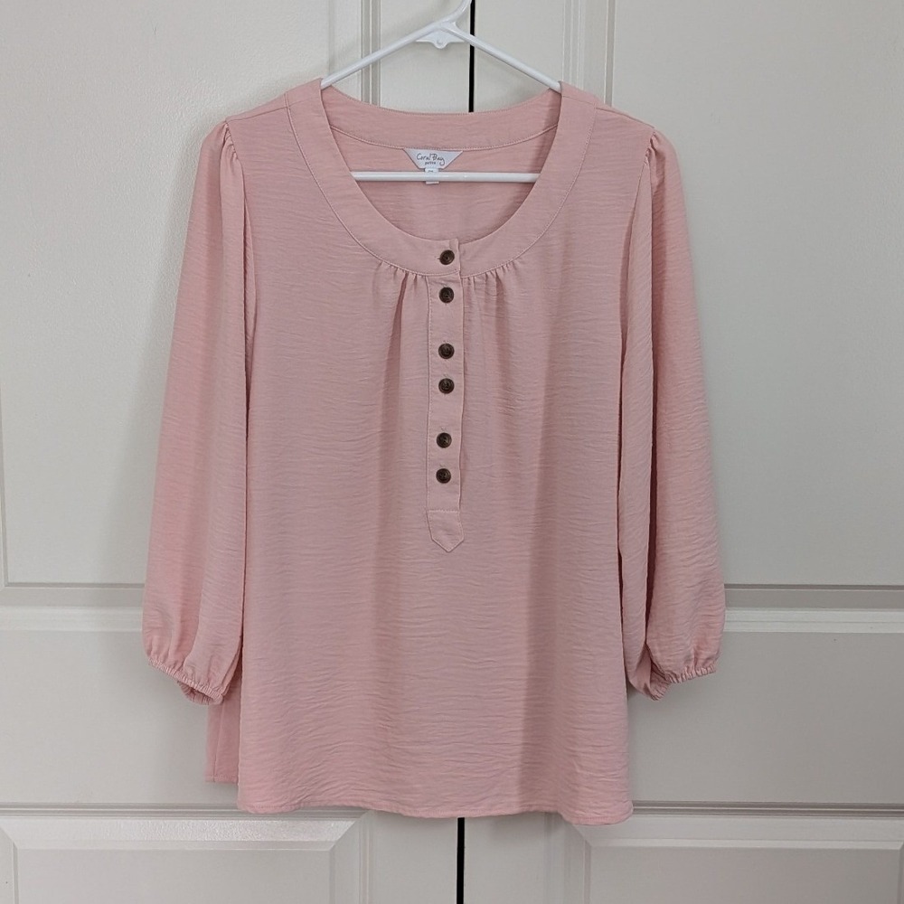 Coral Bay Women's Petite Pink Henley Button Blouse 3/4‎ Puff Sleeve Top Size PL